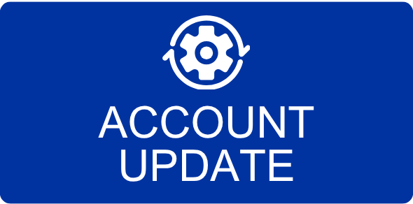 Blue Button with a cog wheel symbol and a heading "Account Update"
