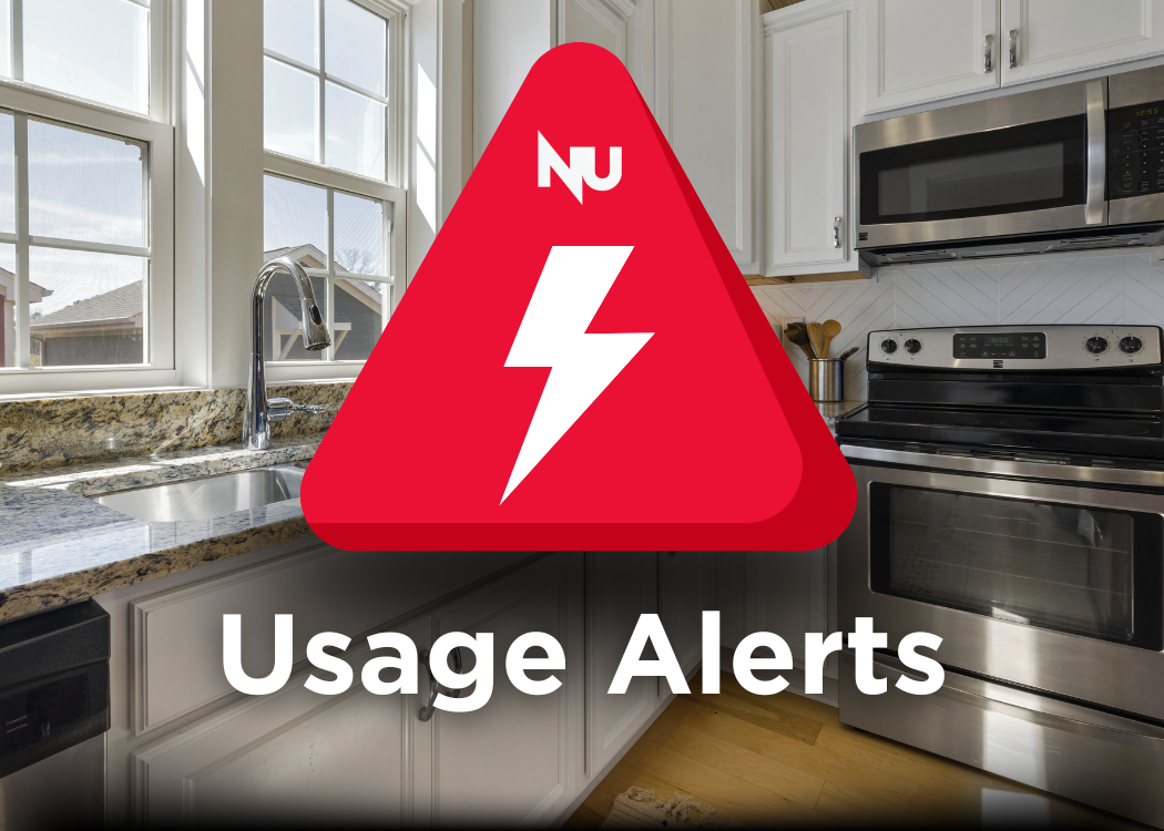 Kitchen background with a red alert icon with an electric bolt and the words "Usage Alert"