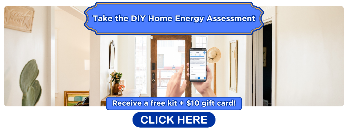 Header image of a person holding their phone in front of a front entryway to their home and a banner with instructions for the DIY Home Energy Assessment