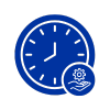 A clock icon with an offset hand holding a gear icon to signify hours and operations