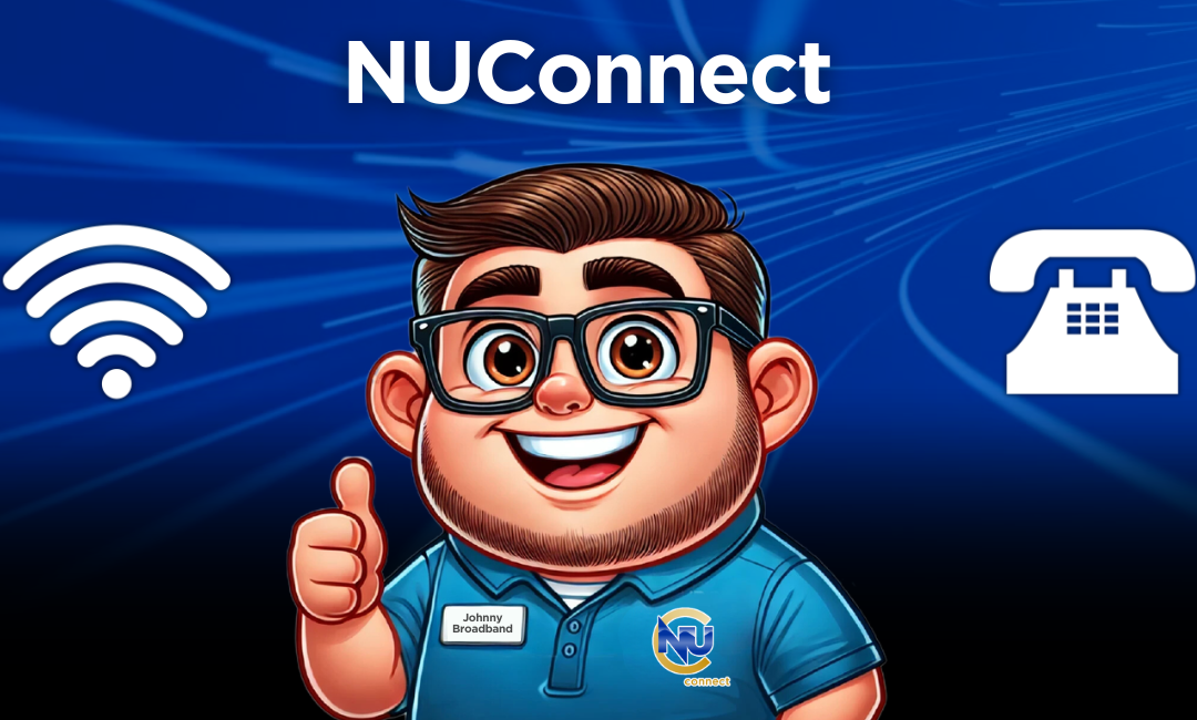 Blue network graphic background with a cartoon image of Johnny Broadband in an NUConnect shirt with the NUConnect header and a wifi and landline icon