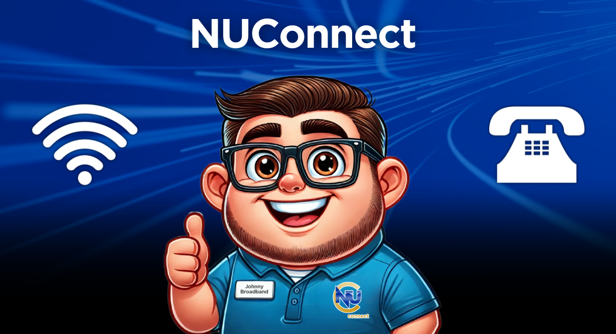 Blue network graphic background with a cartoon image of Johnny Broadband in an NUConnect shirt with the NUConnect header and a wifi and landline icon
