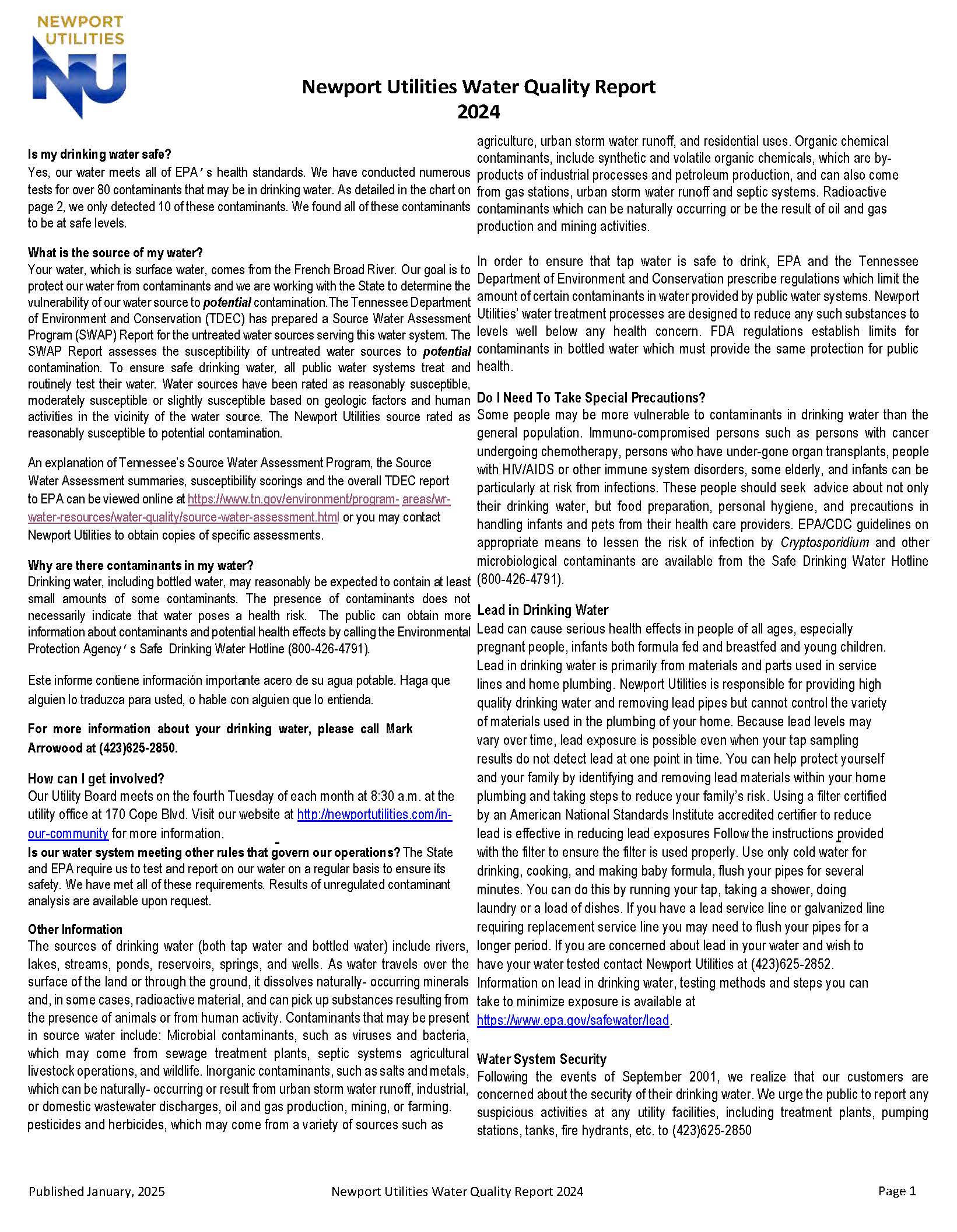 Water Quality Report page one with information about NU's water, source, etc.